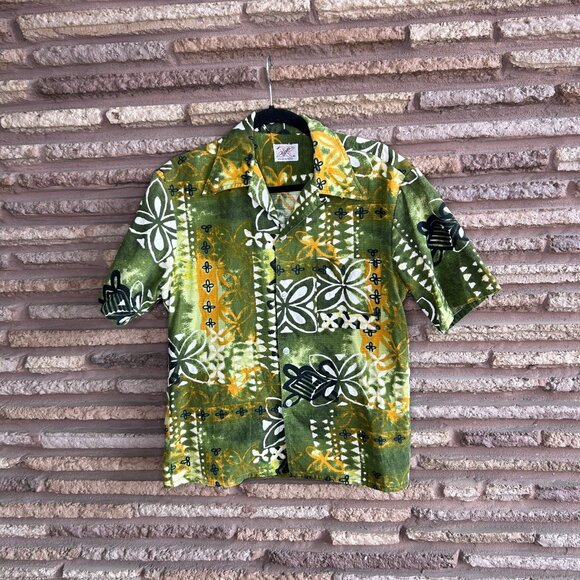 Vintage 60's Hawaiian Green Tribal Barkcloth Loop Collar Sears Shirt - Picture 11 of 12